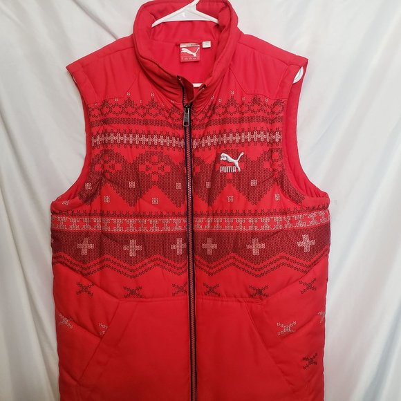 Puma Puffer Vest Red Sweater Pattern Zip Up Adult Med Sport Lifestyle - Picture 1 of 12
